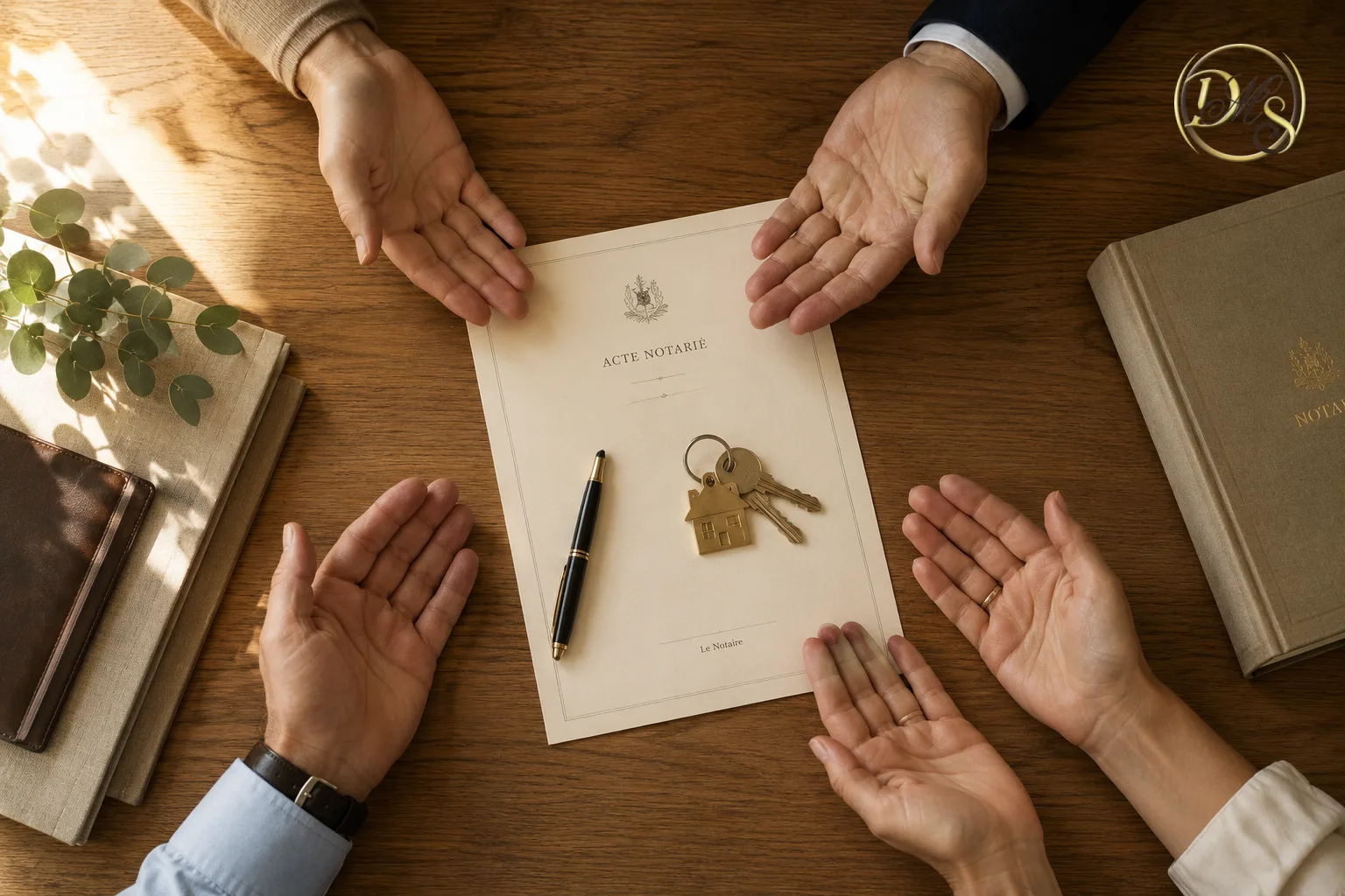 Mains signant un acte notarial dans le cadre d'une vente en indivision