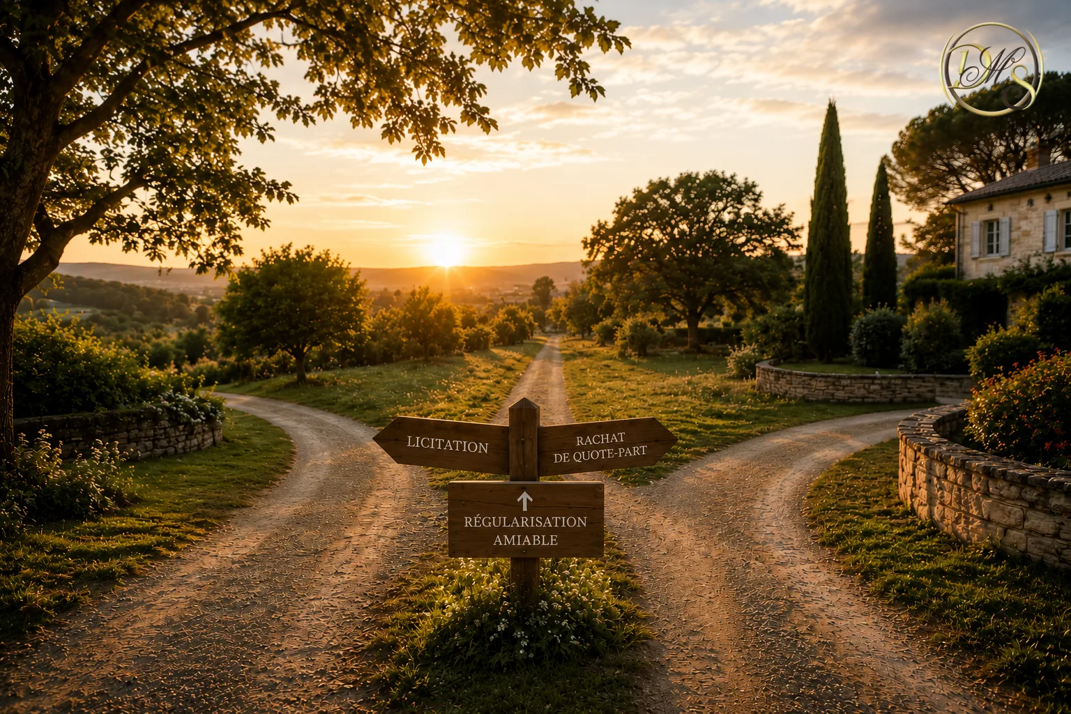Carrefour de chemins ruraux au coucher du soleil, métaphore des choix en cas d'indivision