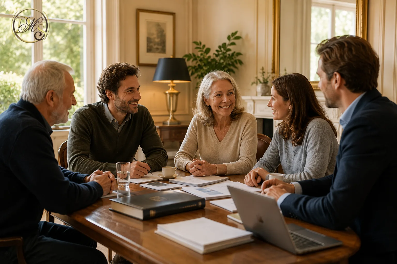 Famille réunie autour d'une table pour discuter d'une succession immobilière