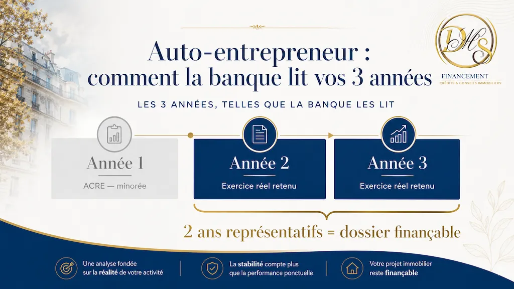 Schéma montrant comment la banque lit les trois années d'activité d'un auto-entrepreneur, l'année ACRE minorée et deux exercices réels retenus