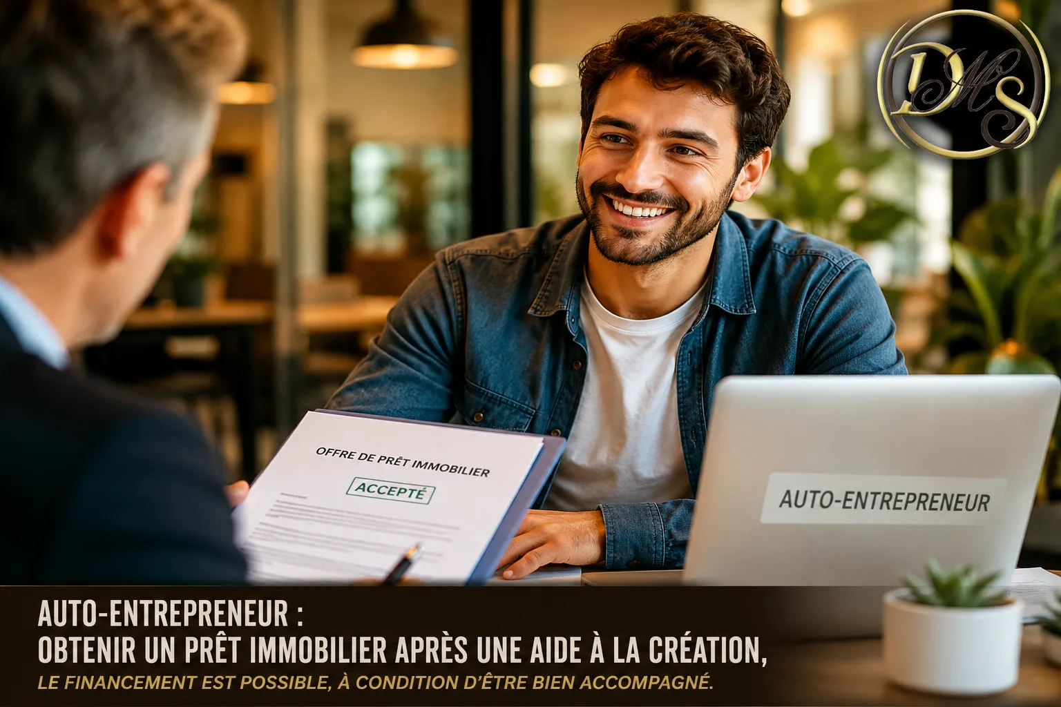 Acquéreur auto-entrepreneur préparant son dossier de prêt immobilier après l'ACRE avec son mandataire DMSC-INT EXPERTIMO