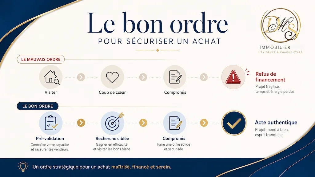 Schéma comparant le mauvais ordre, visiter avant d'être finançable, et le bon ordre, la pré-validation financière avant la recherche