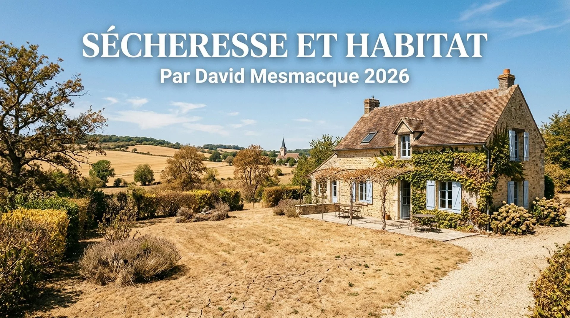 SĂ©cheresse et Habitat â couverture Maison de campagne sous un ciel de sĂ©cheresse, illustration de couverture de l'article SĂ©cheresse et Habitat
