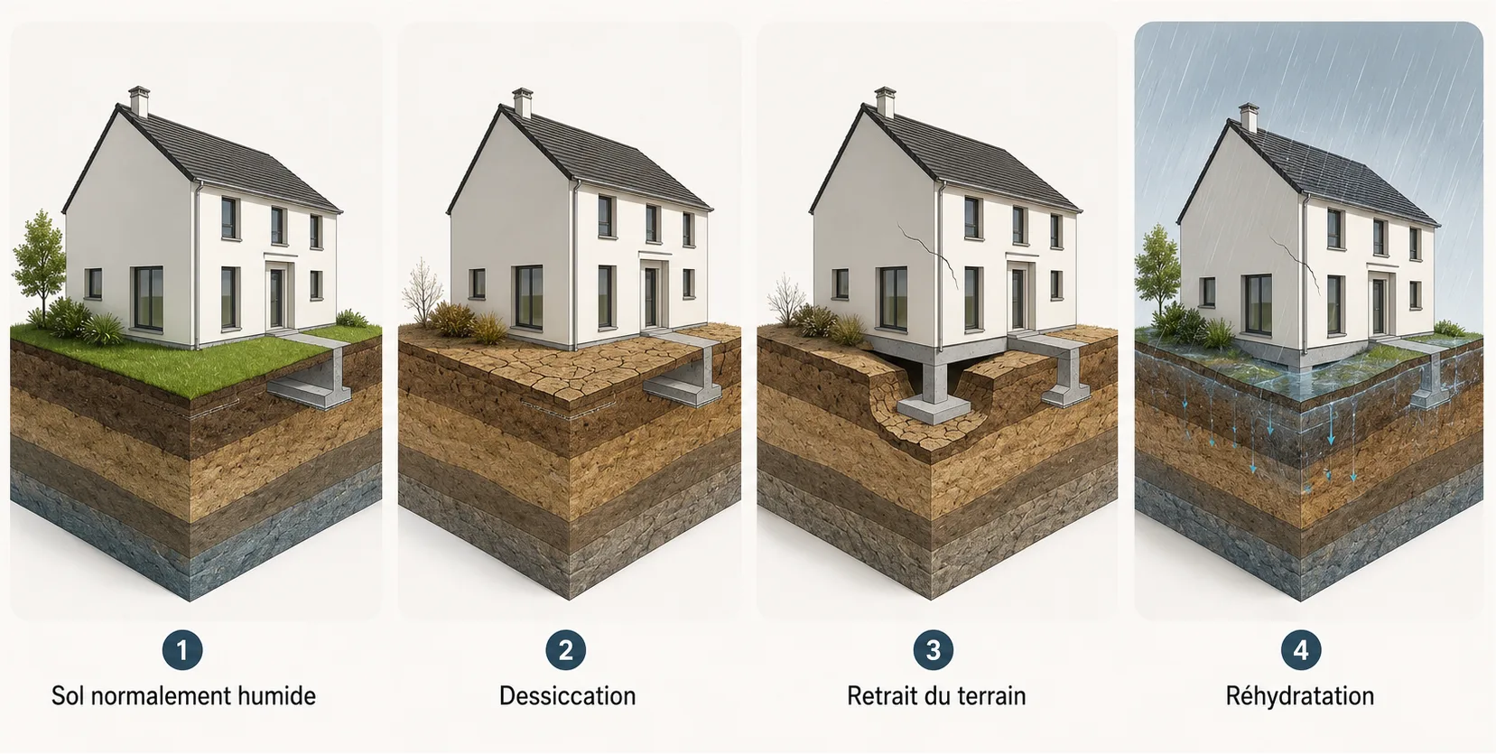 Illustration des quatre étapes du retrait-gonflement des argiles : assèchement, dessiccation, retrait du terrain, réhydratation