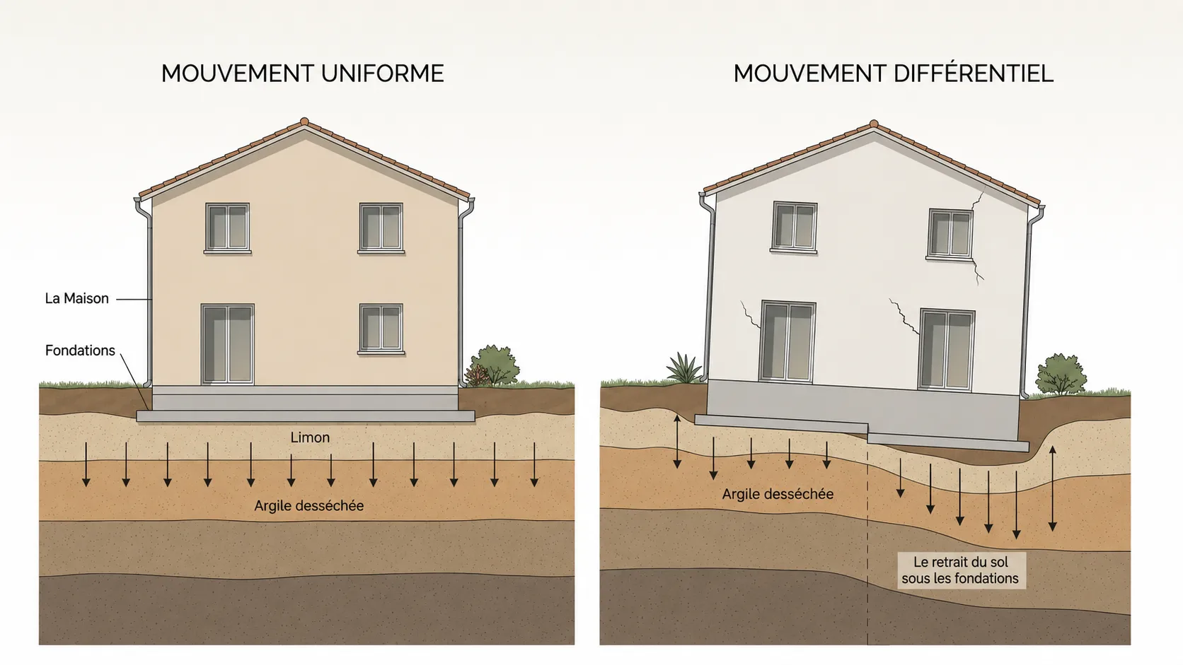 Comparaison entre mouvement uniforme et mouvement différentiel des fondations d'une maison
