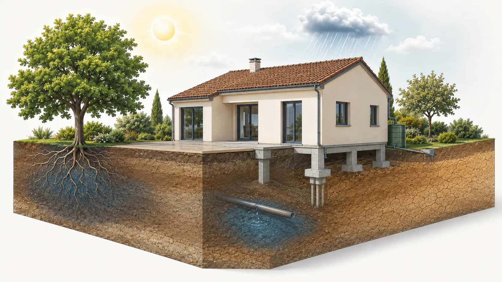 Coupe d'une maison montrant les racines d'un arbre et la nappe d'eau souterraine lors de la réhydratation du sol