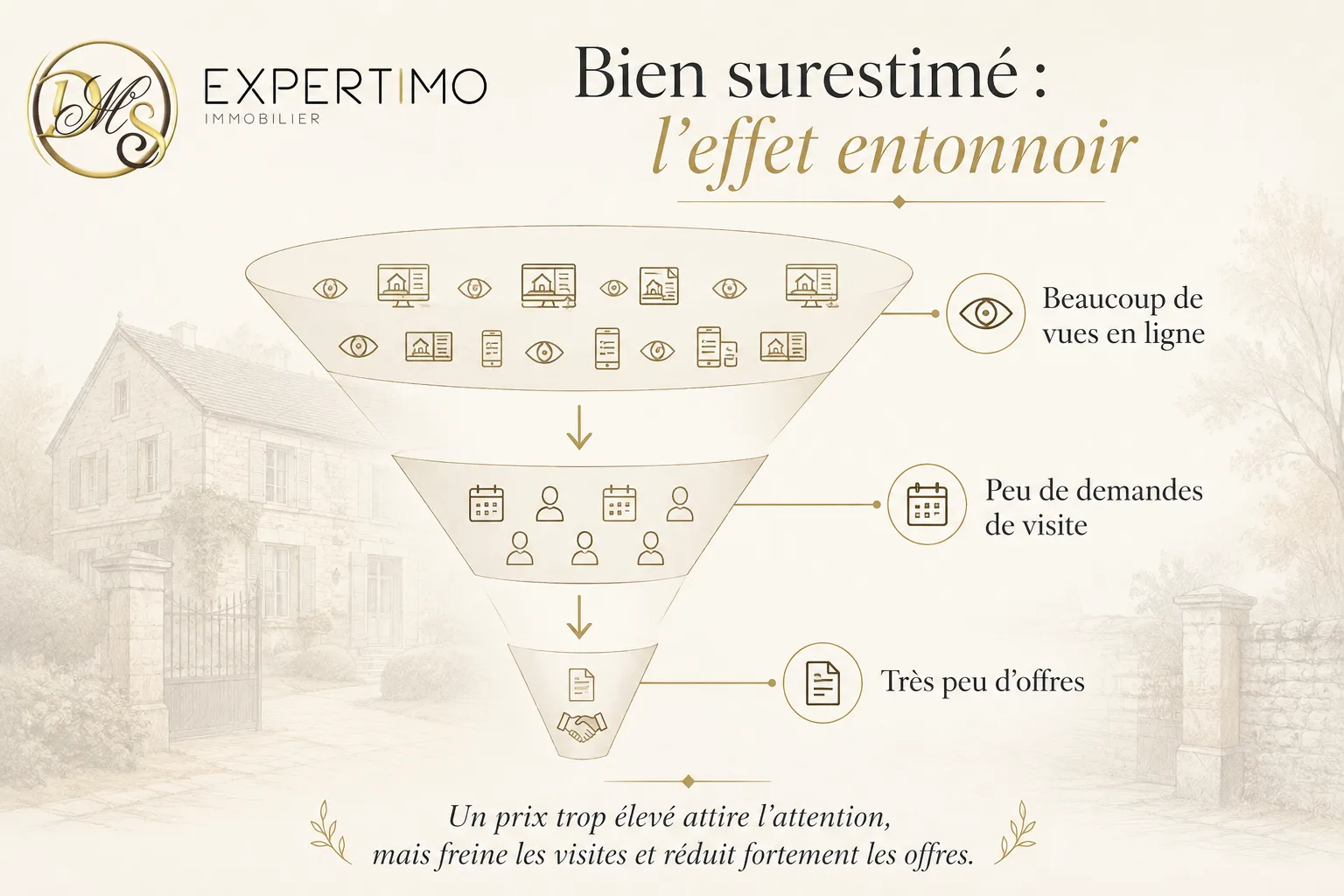 Schéma en entonnoir illustrant l'effet d'un bien surestimé : moins de vues, moins de visites, moins d'offres